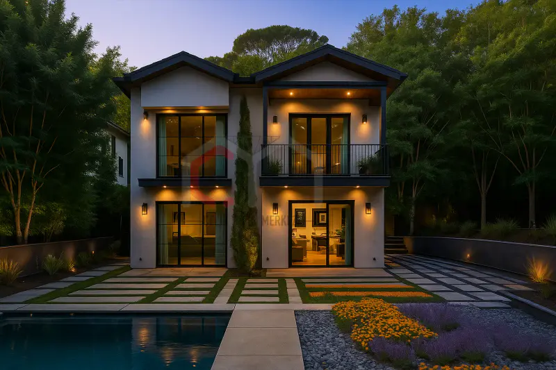 136 m² çift katlı prefabrik villa gece görünümü