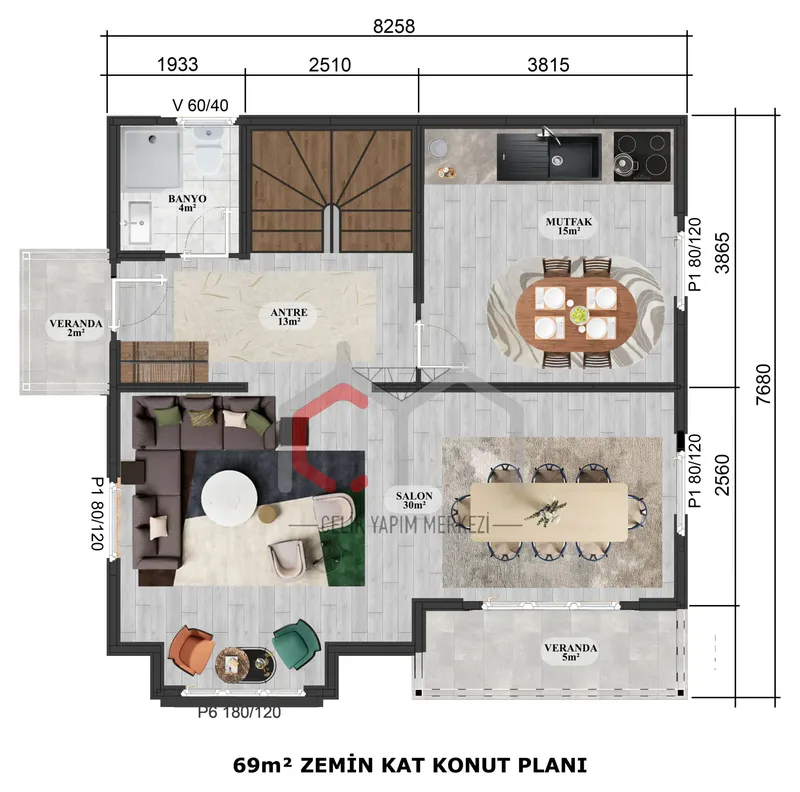 136 m² çift katlı prefabrik villa zemin kat planı