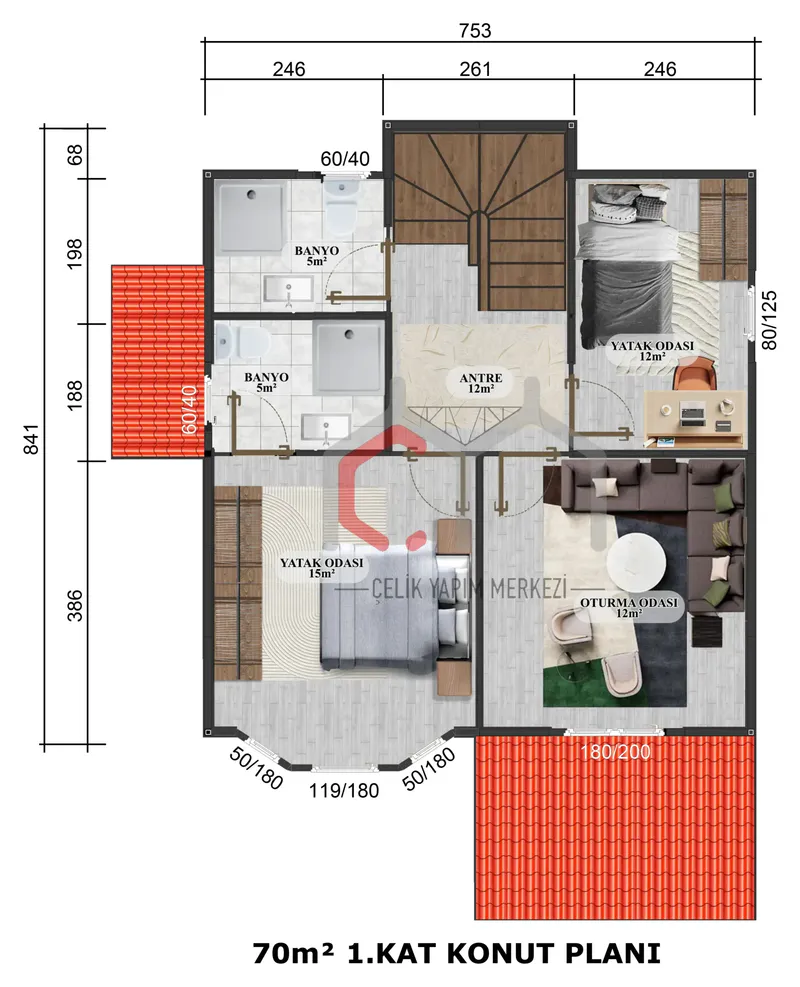 152 m² çift katlı prefabrik villa 1. kat planı