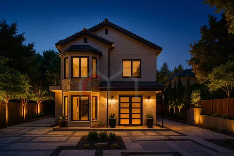 152 m² çift katlı prefabrik villa gece görünümü