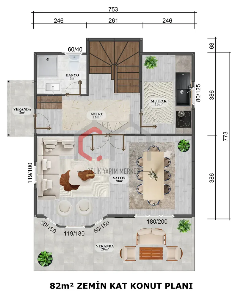 152 m² çift katlı prefabrik villa zemin kat planı