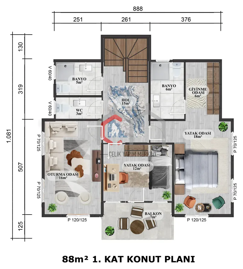 166 m² çift katlı prefabrik villa 1. kat planı