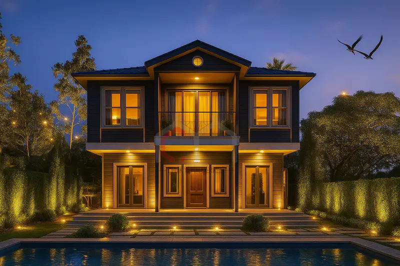 166 m² çift katlı prefabrik villa gece görünümü