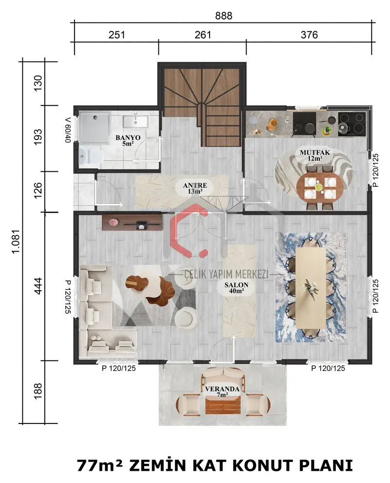 166 m² çift katlı prefabrik villa zemin kat planı
