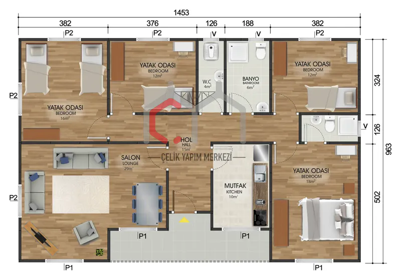 129 m² tek katlı prefabrik ev kat planı
