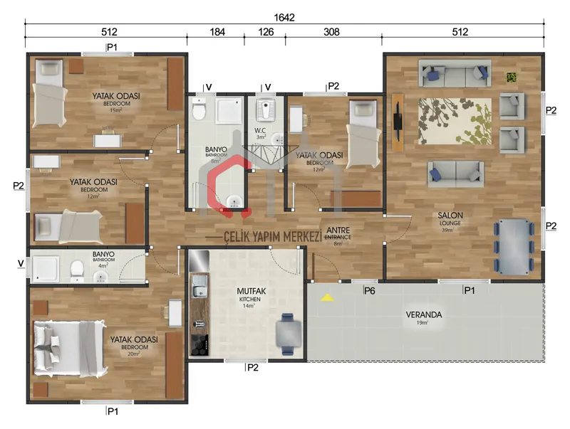 166 m² tek katlı prefabrik ev kat planı
